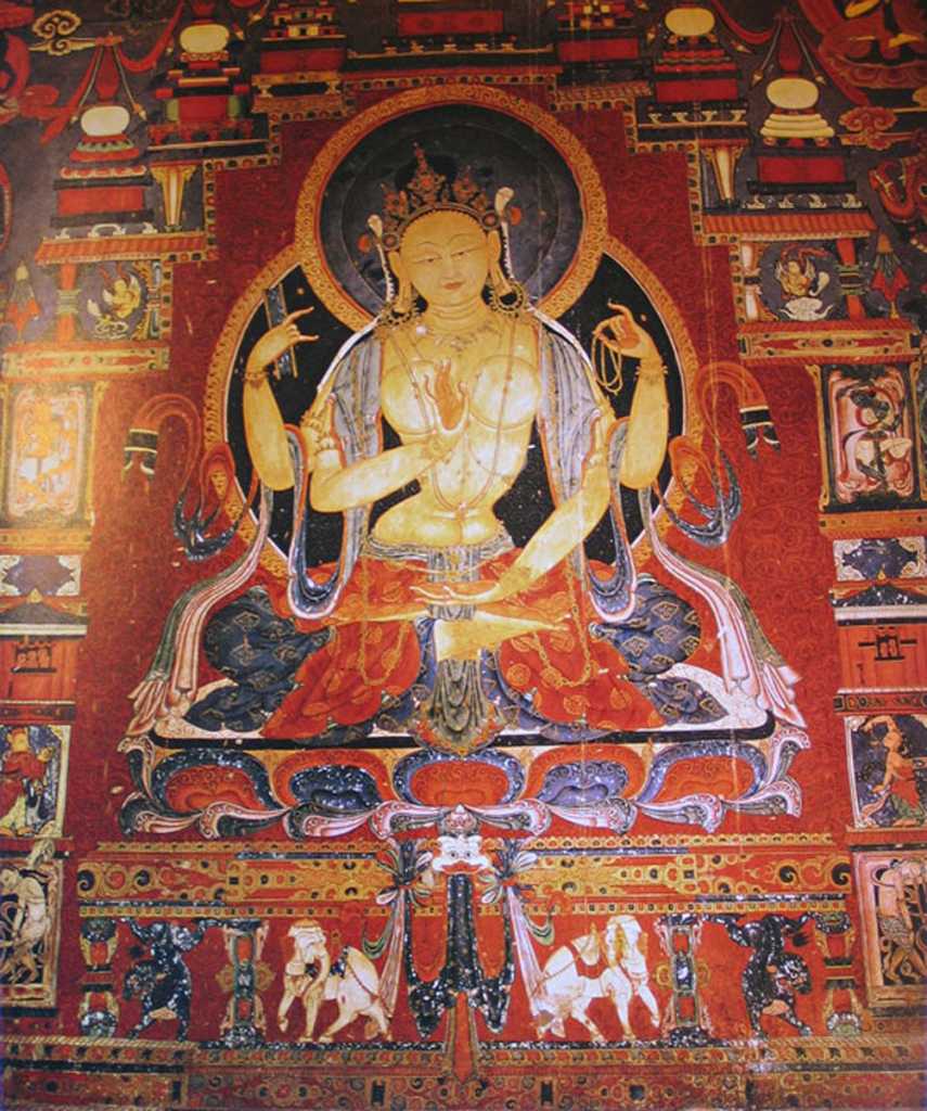 Tibet Guge 03 Tholing 10 White Temple 15 Prajnaparamita On the right wall is this splendid painting of Prajnaparamita, the female deity who personifies wisdom. She holds a rosary in her left hand and a book in her right. Her other left hand is in her lap in the mudra of meditation. Photo - http://www.asianart.com/articles/heimsath/5.html.